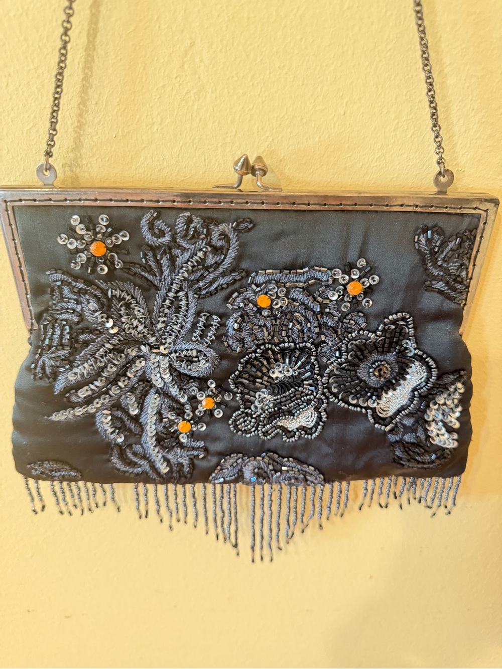 Moyna Black Beaded Floral Fringe Evening Clutch